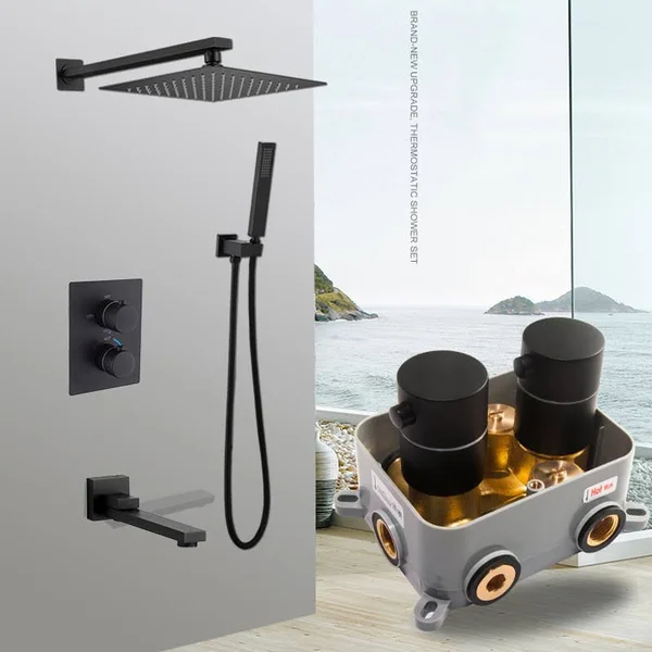 Constant Temperature In-Wall Shower Set - Concealed Smart Shower, All-Copper Shower Box Embedded, Matt Black Concealed Shower 913