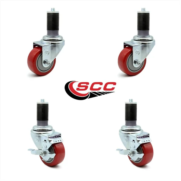 Service Caster - 3 x 1.25 inch Red Polyurethane Wheels Caster Set of 4 - 2 Swivel Casters w/Brake W/1-1/2 inch Expanding Stem/2