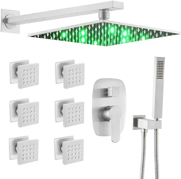 AYIVG Shower System Brushed Nickel 12 inch LED Square Rainfall Shower Head and 6 Pcs Body Spray Set Bathroom Brass Wall Mounted