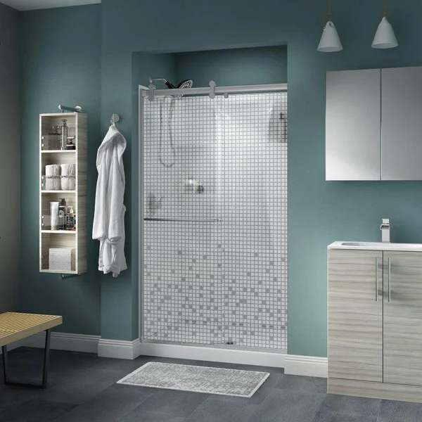Delta Shower Door 48 x 71 in. Frameless Exposed Rollers Mozaic Glass Nickel 2439267