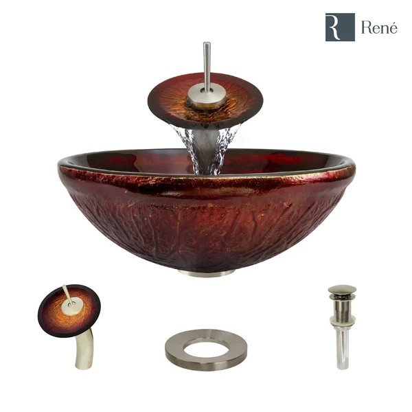 Rene R5-5018-WF-BN Red Lava Glass Bathroom Sink with Brushed Nickel Waterfall Faucet, Sink Ring, and Vessel Pop-Up Drain