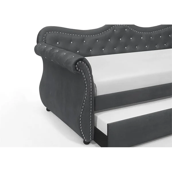 Galaxy Home Furnishings Galaxy Home Abby Upholstered Velvet Solid Wood Daybed with Trundle in Gray