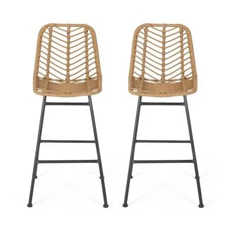 Dimitri Outdoor Wicker Barstools - Set of 2, Light Brown and Black
