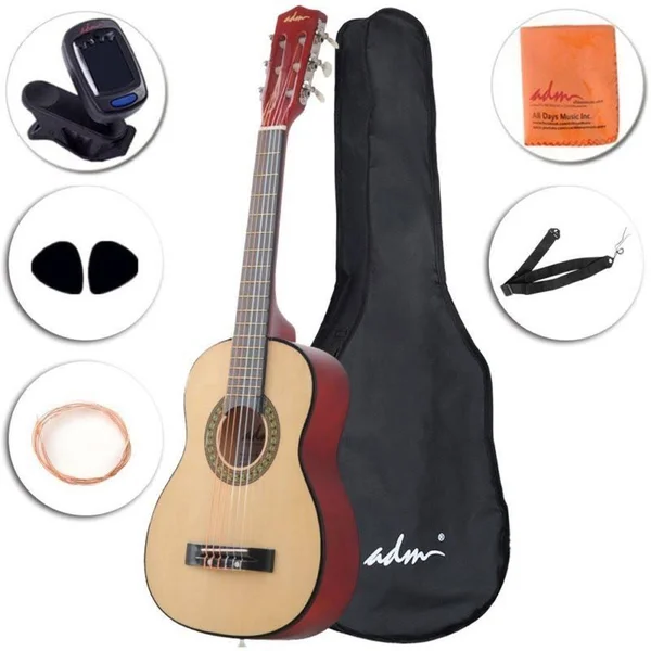 ADM Beginner Classical Guitar 30 inch Nylon Strings Bundle with Carrying Bag & Accessories, Natural Gloss