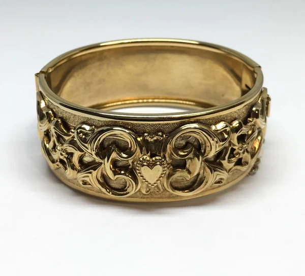 Estate Gold Tone Wide Scroll Heart Oval Bangle Bracelet with Safety Chain