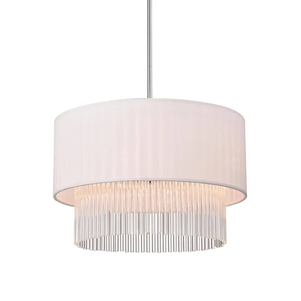 Chrome 4 Light White Fabric Drum Chandelier with Clear Glass Stick