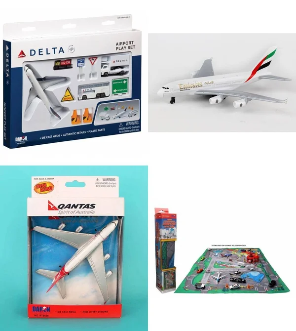 Toy Airplane Playset - Airport Playmat with Three 5.5x22 Diecast Model Planes & Accessories - Delta - Emirates, Qantas Airlin