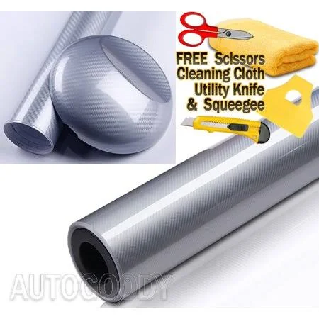 AutoGoody 108 inch x 60 inch High Gloss 5D Silver Carbon Fiber Vinyl Wrap Bubble Free 9ft x 5ft 6D, Size: 108 x 60