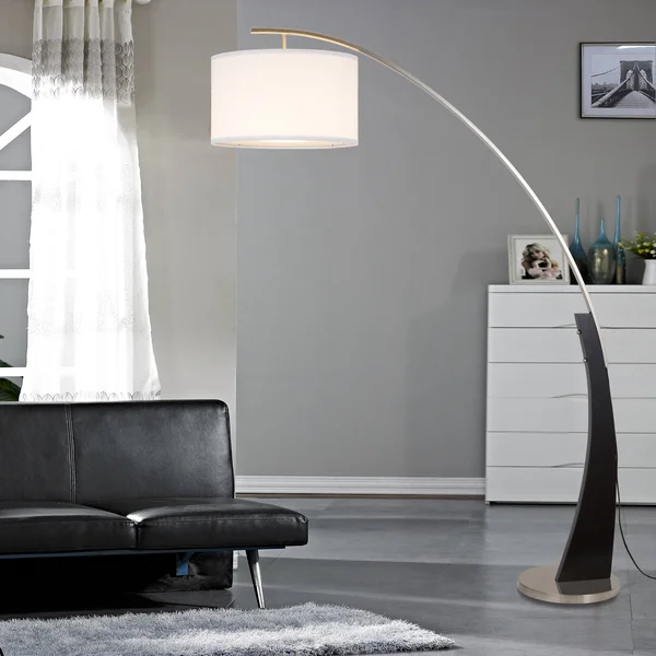 Q-Max Arched Floor Lamp with White Drum Shade, Black Wood Pole, and Metal Base