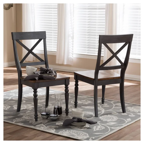 Baxton Studio Rosalind Shabby Chic Country Cottage Weathered Dove Grey and Oak Brown Finishing Solid Wood X-Back Dining Side Cha