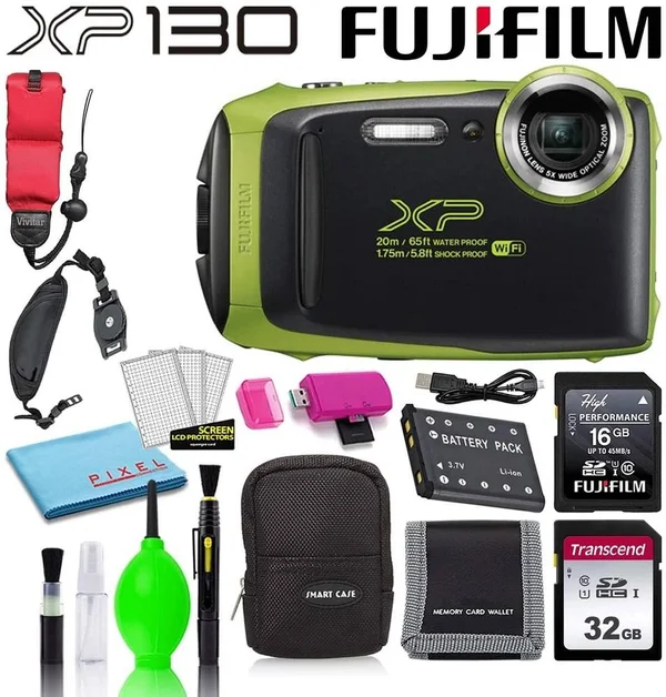 Fujifilm FinePix XP130 Waterproof Digital Camera (White) Best Value Accessory Bundle -Includes- 32GB SD Card + 16GB SD Card + Ca