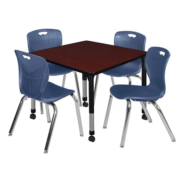 Regency Kee 42x22 Square Height Adjustable Moblie Classroom Table - Mahogany & 4 Andy 18-in Stack Chairs- Navy Blue