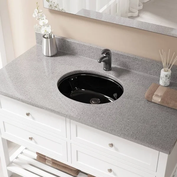 Mr Direct Undermount Porcelain Bathroom Sink in Black with Pop-Up Drain in Chrome