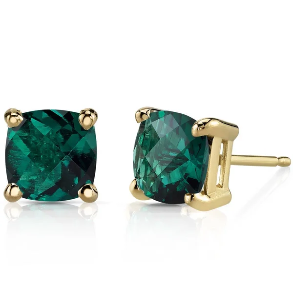 Oravo 14K Yellow Gold 1 3/4ct TGW Created Emerald Cushion-cut Stud Earrings