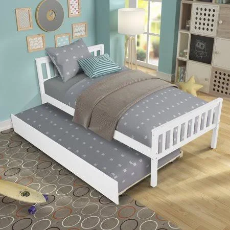 Kids Twin Bed Frame with Headboard - Yofe Twin Bed Frame with Trundle Bed, Solid Pine Kids Twin Bed Frame for Kids Boys Girls, Tw