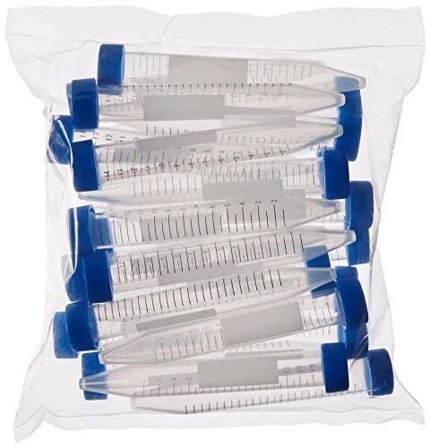 Globe Scientific 6285 Polypropylene Centrifuge Tube with Attached Blue Flat Top Screw Cap Sterile Printed Graduation Bag Pack 15