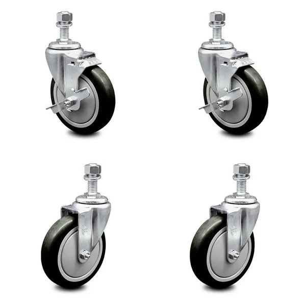 Polyurethane Swivel Threaded Stem Caster Set of 4 w/5 inch x 1.25 inch Black Wheels and 12mm Stems - Includes 2 with Top Locking