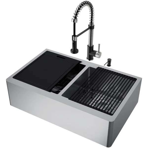 Vigo Oxford Stainless Steel 33 in Double Bowl Flat Farmhouse Apron-Front Workstation Kitchen Sink with Faucet and Accessories, S