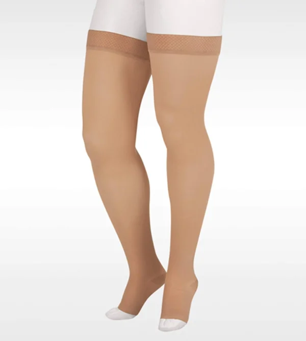 Juzo Soft 15-20 mmHg Open Toe Thigh High w/ Silicone Top Band, V, Short, Beige