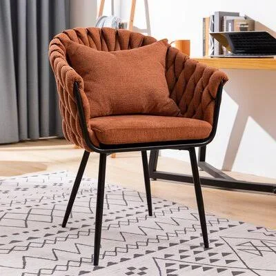 Mid Century Modern Comfy Woven Linen Fabric Armchair Dining Chair with Metal Legs & Pillow, Single Sofa Side Upholstered Acc