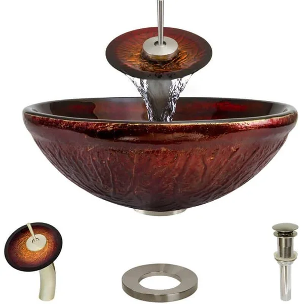 Rene R5-5018-WF-BN Red Lava Glass Bathroom Sink with Brushed Nickel Waterfall Faucet, Sink Ring, and Vessel Pop-Up Drain