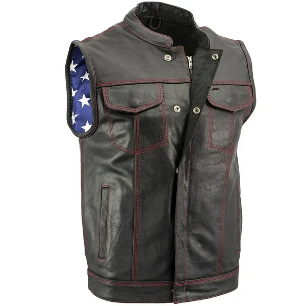 Xelement Xs6665 Men's &Old Glory& Leather Vest with Red Stitching and USA Inside Flag Lining - Black (Size: 5X-Large)