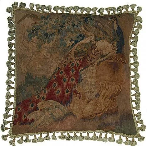 Throw Pillow Aubusson Peacock Animal 24x24 Taupe Bronze Green Beige Gold