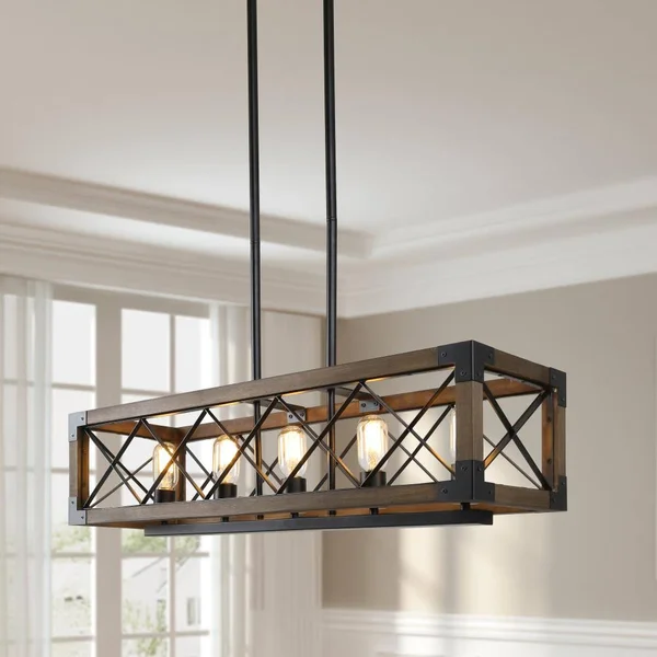 LNC Livia Nature Brown Wood and Black Farmhouse Linear LED Large (Larger Than 22-in) Kitchen Island Light, V2ERNJLWS3529A6